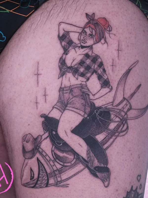 female black and grey sketch tattoo auf thigh #43245 | Tätowierer Sad Amish Tattooer