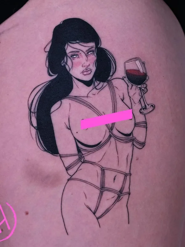 female black and grey fineline tattoo auf thigh #43246 | Tätowierer Sad Amish Tattooer