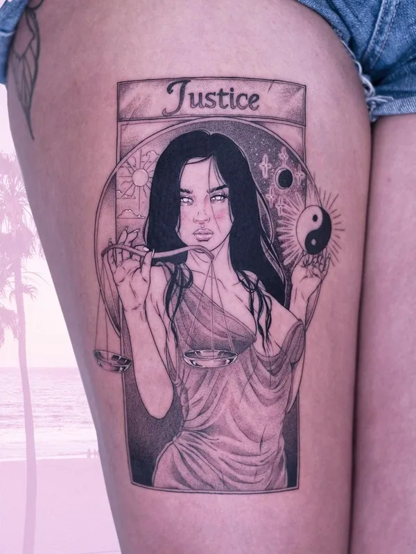 female black and grey illustrative tattoo auf thigh #43238 | Tätowierer Sad Amish Tattooer