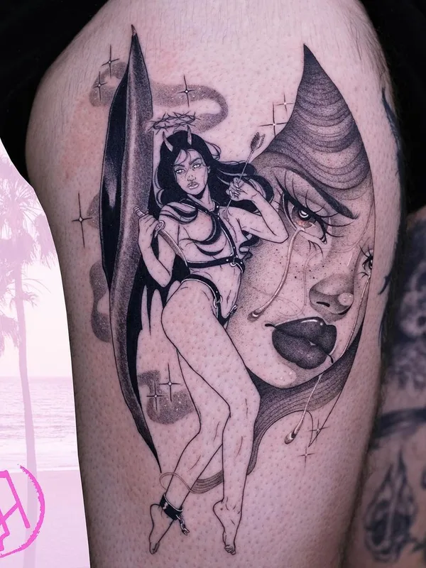 female black and grey blackwork tattoo auf thigh #43248 | Tätowierer Sad Amish Tattooer