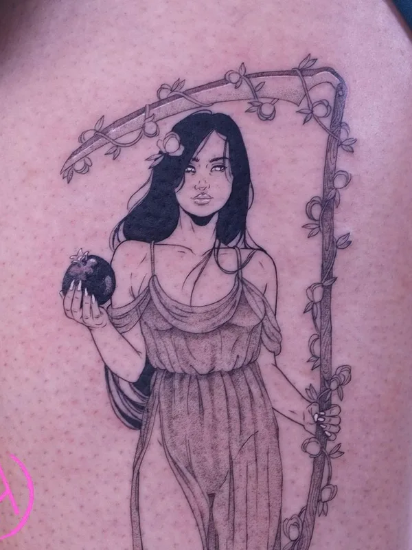 female black and grey illustrative tattoo auf thigh #43241 | Tätowierer Sad Amish Tattooer