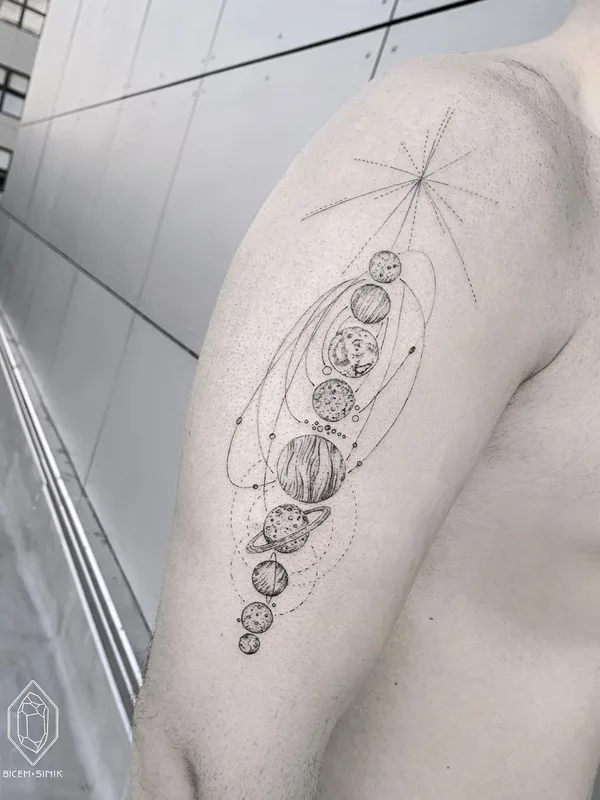 black and grey linework татуировка на upper arm #43262 | Тату мастер Bicem Sinik