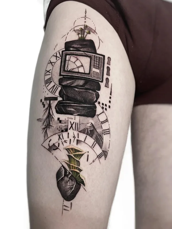 black and grey illustrative 타투 부위 thigh #59812 | 타투이스트 Марк Друщенко
