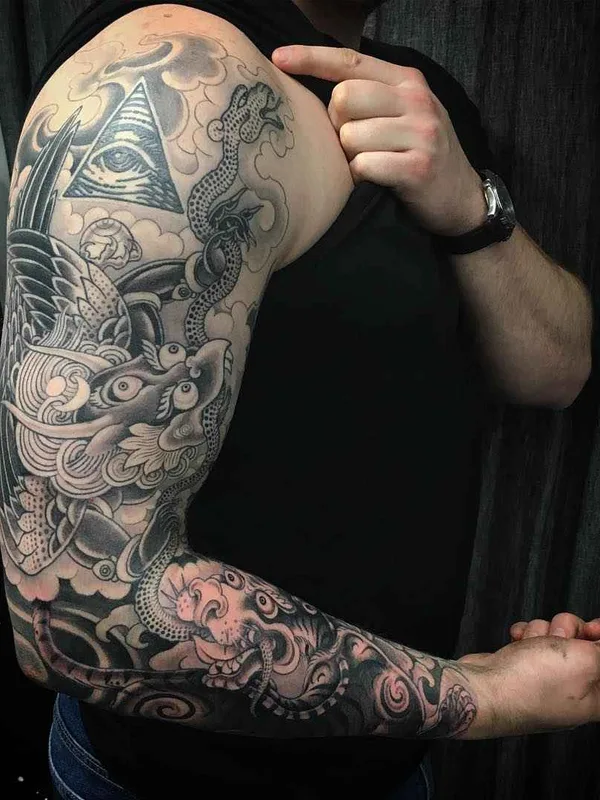 male black and grey japanese Tatuaggio su full sleeve #11568 | Tatuatore Yoni Zilber