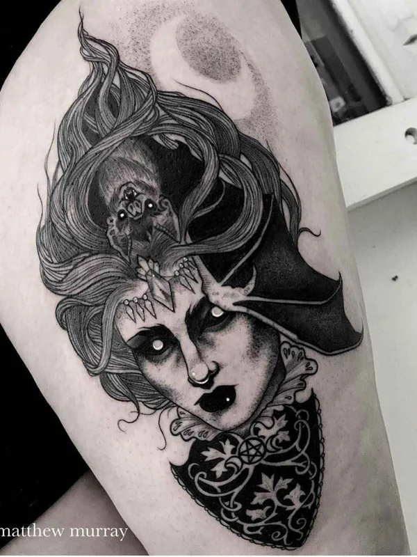 female black and grey blackwork tatuaje en thigh #10602 | Tatuador Matthew Murray
