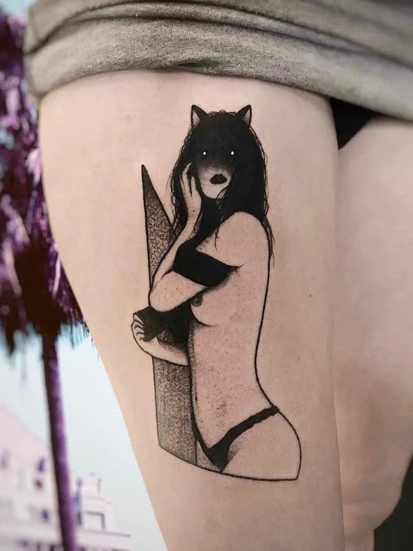 female black blackwork Tatuaggio su thigh #11163 | Tatuatore SEWP