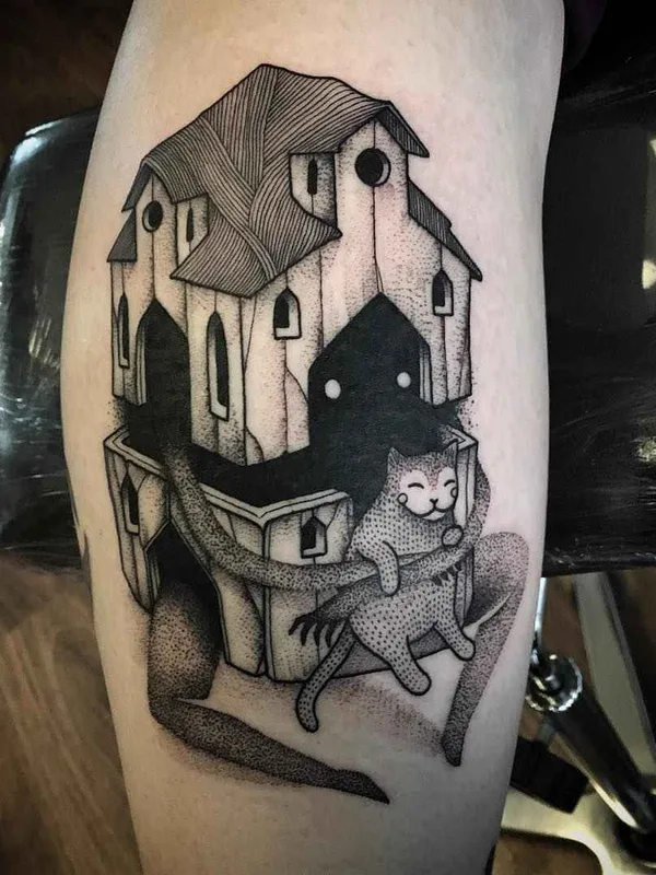 black and grey illustrative tattoo on thigh #17627 | Tattoo Artist William Steiner-Pacheco