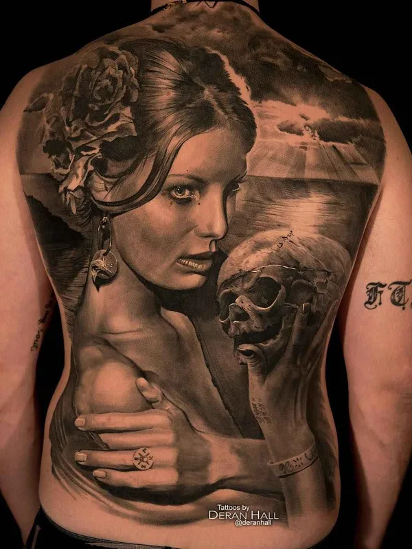 black and grey realism tattoo auf full back #12080 | Tätowierer Deran Hall