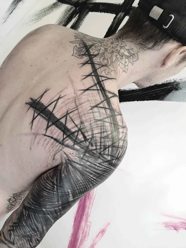 black and grey abstract татуировка на full sleeve #10996 | Тату мастер Valerio Cancellier