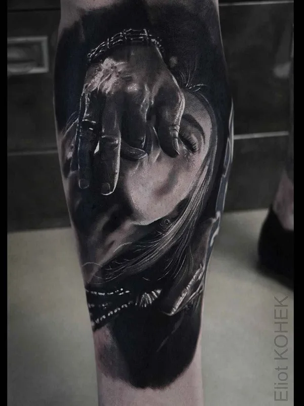 black and grey realism Tatuaggio su calf #16518 | Tatuatore Eliot Kohek