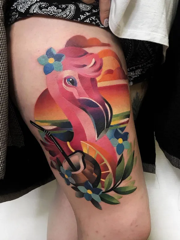 color illustrative tattoo on thigh #27421 | Tattoo Artist Наталья Сажина
