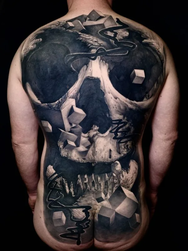 male black and grey surrealism tattoo on full back #47938 | Tattoo Artist Bene Bader