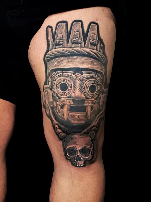 black and grey realism tatouage sur thigh #47987 | Artiste tatoueur Goethe