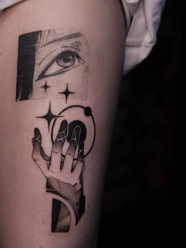 black and grey blackwork Tatuaggio su thigh #48081 | Tatuatore ππππ€π§π’π π‘π