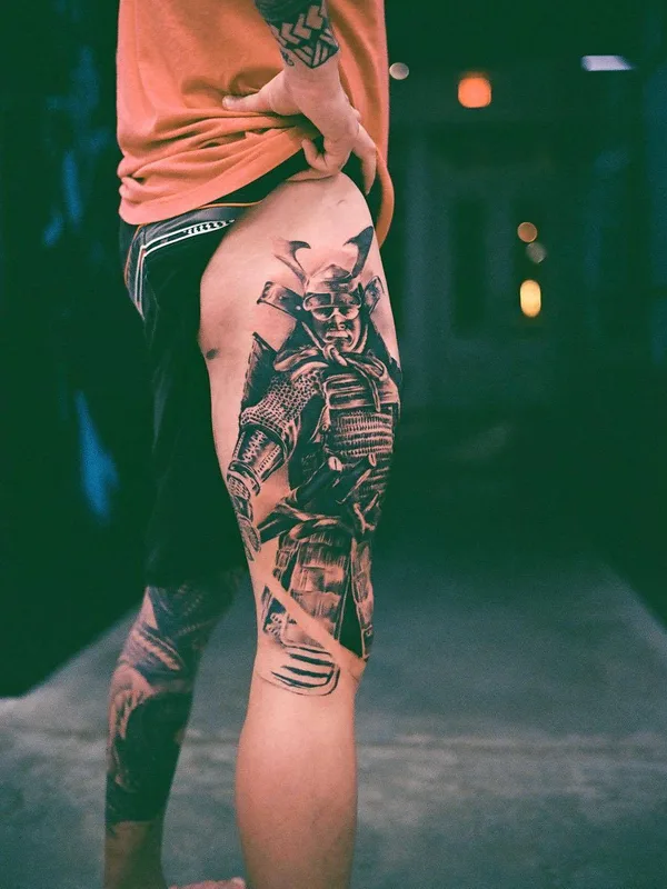 male black and grey japanese tattoo on thigh #29587 | Tattoo Artist Anatole