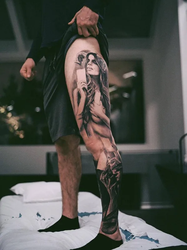 black and grey realism tattoo on thigh #29589 | Tattoo Artist Anatole