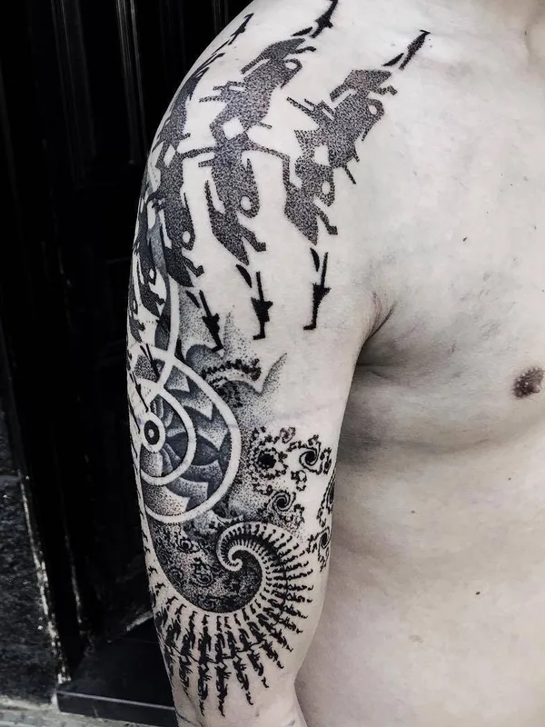 male black and grey dotwork tattoo auf full sleeve #29623 | Tätowierer Byron