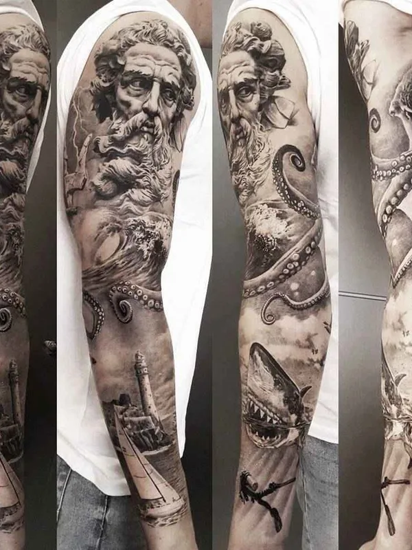 black and grey realism татуировка на full sleeve #13858 | Тату мастер Елена Керничанская