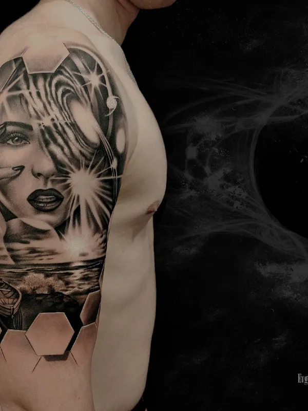 black and grey realism татуировка на upper arm #39712 | Тату мастер Евгений Ткач