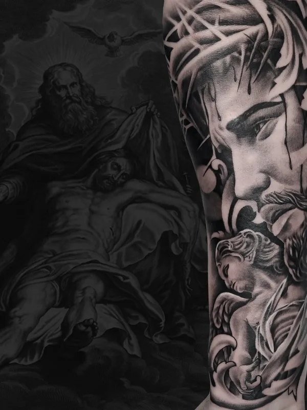 black and grey realism татуировка на full sleeve #39713 | Тату мастер Евгений Ткач