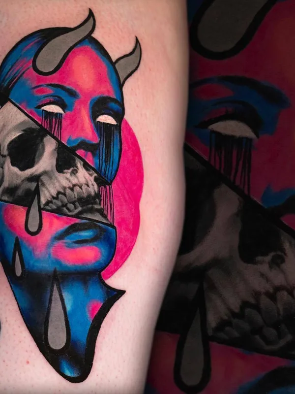 color surrealism tattoo auf thigh #30572 | Tätowierer Hans Deslauriers