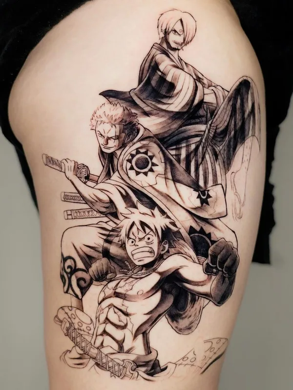 black and grey anime татуировка на thigh #42388 | Тату мастер Doggiett