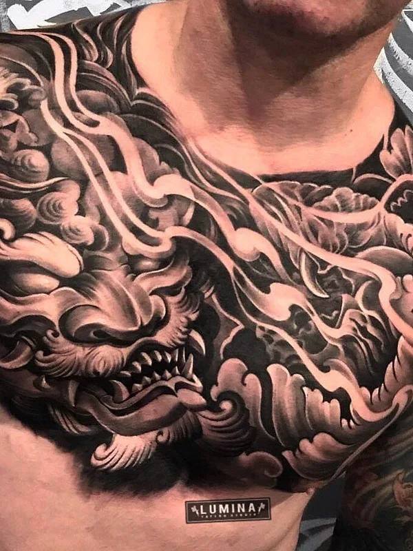 male black and grey japanese 纹身 在 chest #42474 | 纹身师 Lumina