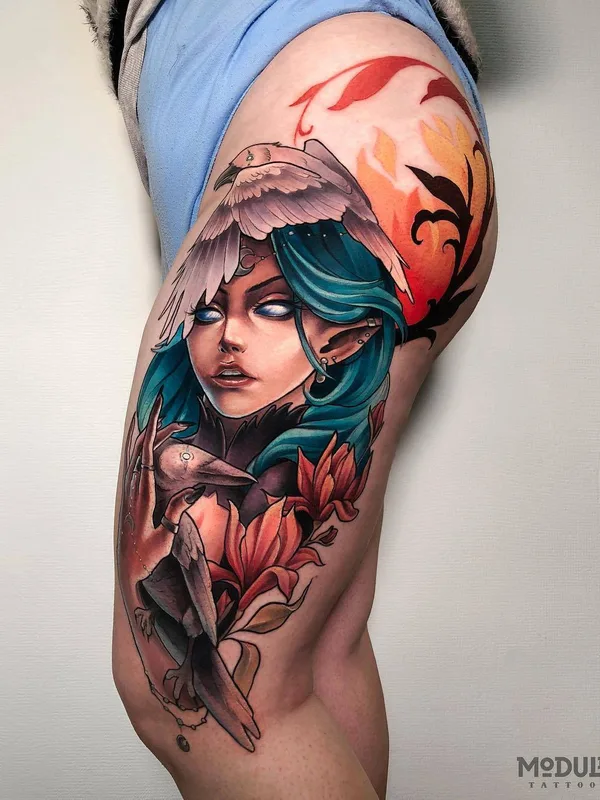 female color illustrative Tatuaggio su thigh #32940 | Tatuatore Татьяна Ткаченко