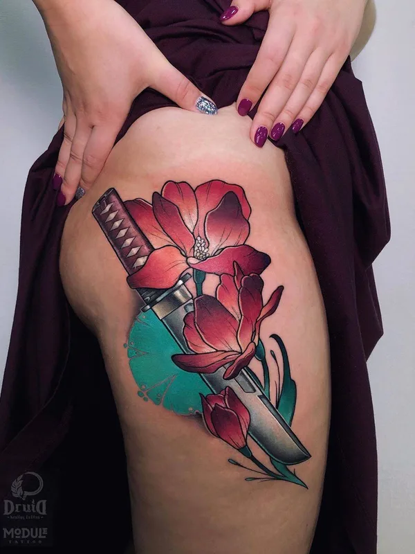 female color neo traditional Tatuaggio su thigh #32941 | Tatuatore Татьяна Ткаченко