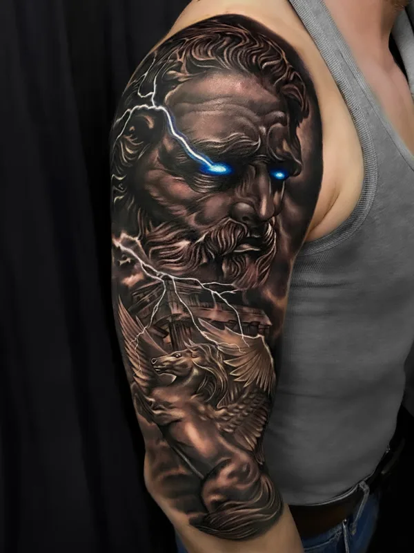 male black and grey realism татуировка на full sleeve #48095 | Тату мастер OĞUZ DOĞANAY