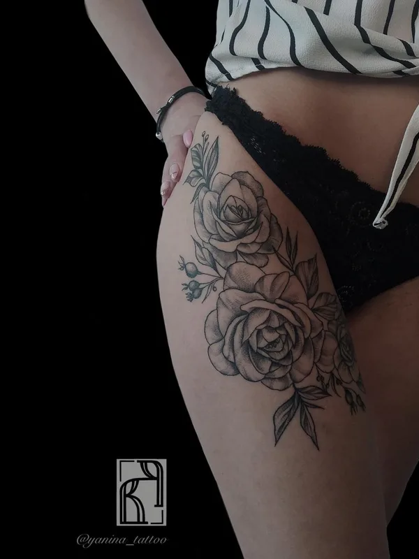 female black and grey black and grey татуировка на thigh #48124 | Тату мастер Янина Попова