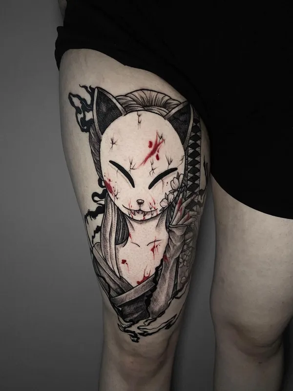 black and grey anime татуировка на thigh #48191 | Тату мастер Сергей Erni