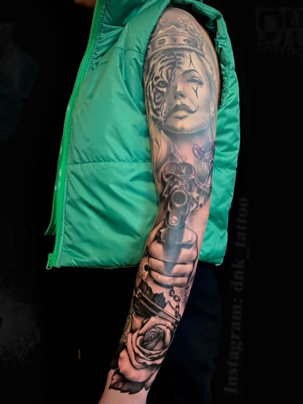 black and grey realism татуировка на full sleeve #65386 | Тату мастер Денис Коргунов