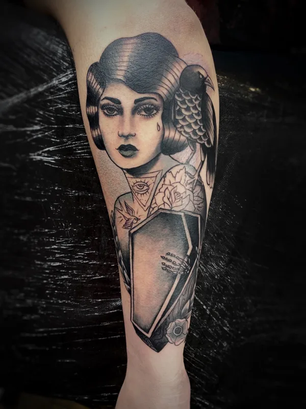 black and grey neo traditional татуировка на forearm #65383 | Тату мастер Денис Коргунов