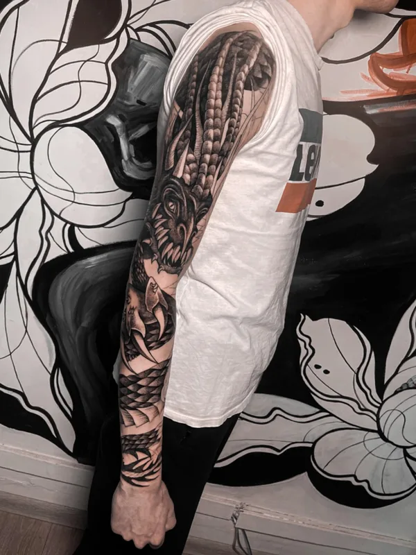 male black and grey blackwork tatuaje en full sleeve #65399 | Tatuador Nika Nixttay
