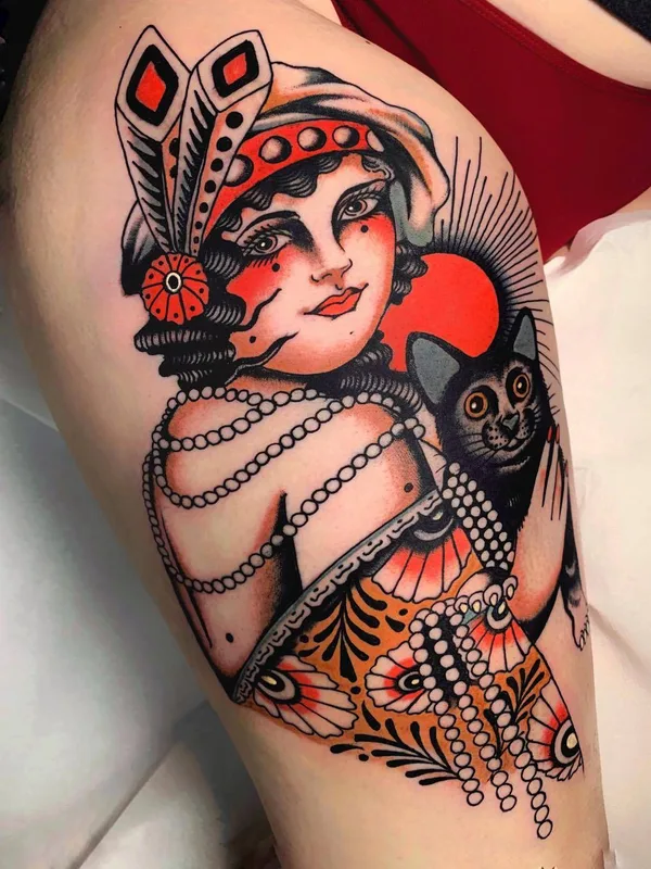 female color traditional татуировка на thigh #29754 | Тату мастер Pablo Lillo
