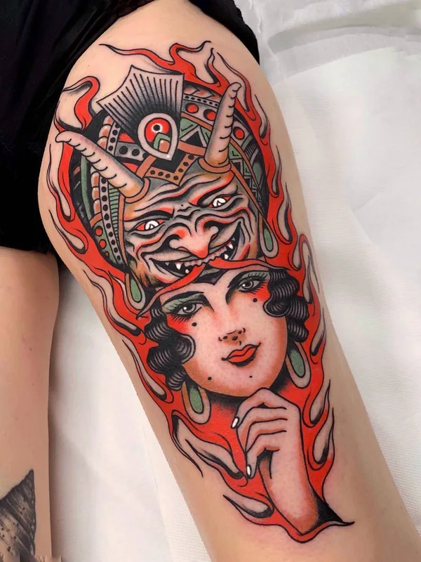female color neo traditional татуировка на thigh #29755 | Тату мастер Pablo Lillo
