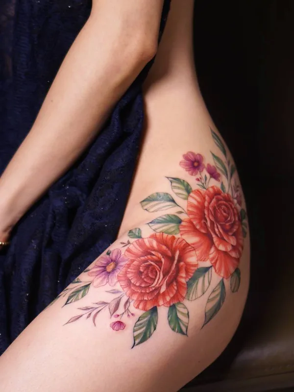 female color botanic tatouage sur thigh #29780 | Artiste tatoueur Silo