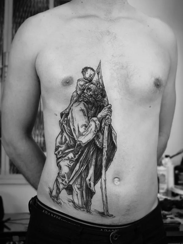 male black and grey engraving tatuaje en stomach #35931 | Tatuador Frederico Rabelo