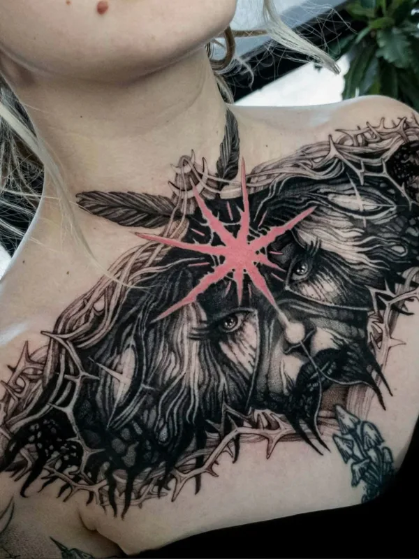 female black and grey blackwork татуировка на chest #54634 | Тату мастер Дмитрий Thornboy