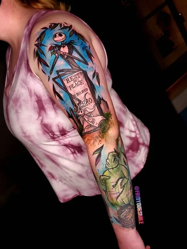 female color illustrative tattoo auf full sleeve #40270 | Tätowierer Russell Van Schaick