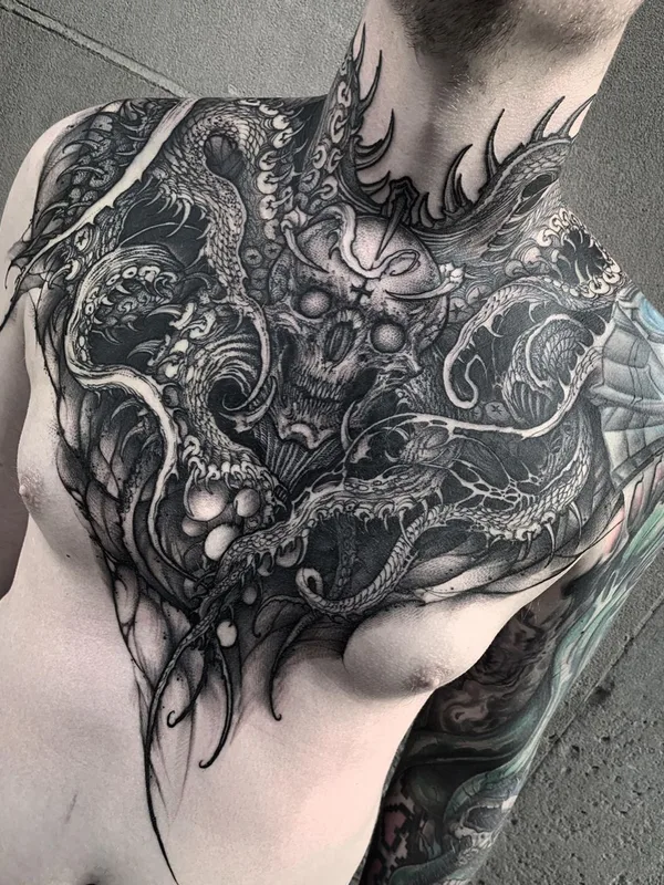 male black and grey blackwork tattoo on chest #40287 | Tattoo Artist Yao