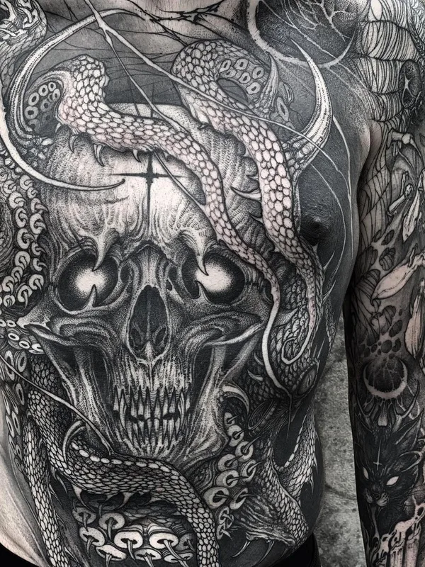 male black and grey blackwork tattoo on chest #40288 | Tattoo Artist Yao