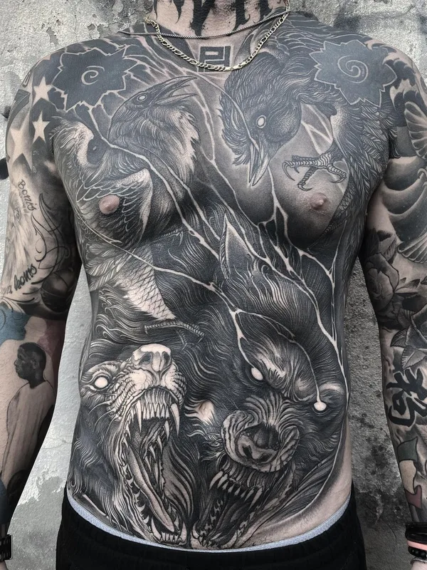 male black and grey blackwork tattoo on chest #40289 | Tattoo Artist Yao