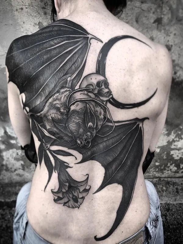 black and grey blackwork tattoo on full back #40282 | Tattoo Artist Yao
