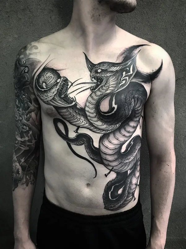 male black and grey blackwork tattoo on chest #40283 | Tattoo Artist Yao