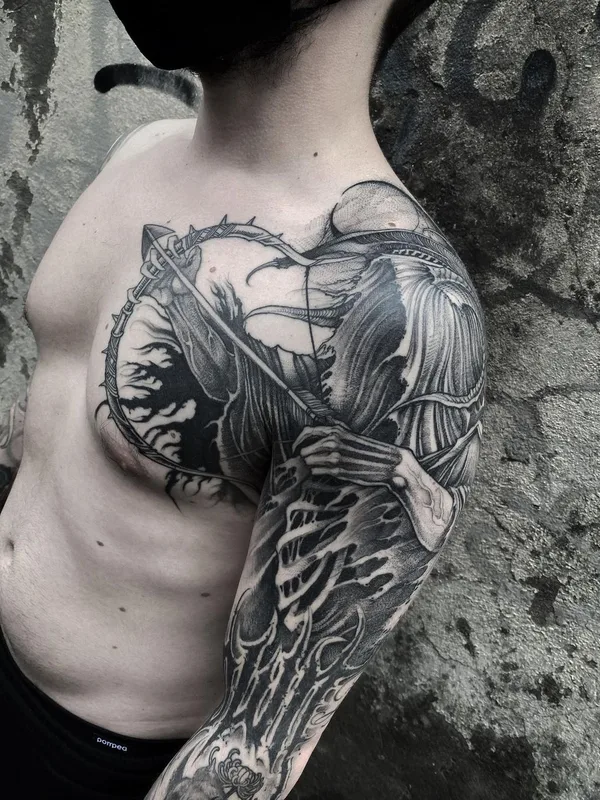male black and grey blackwork tattoo on chest #40281 | Tattoo Artist Yao