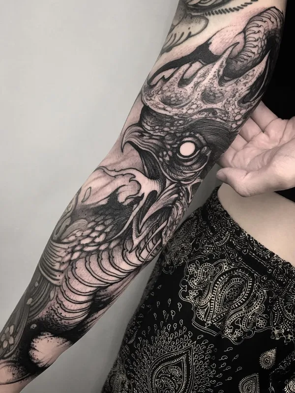 black and grey blackwork tattoo on full sleeve #40280 | Tattoo Artist Yao