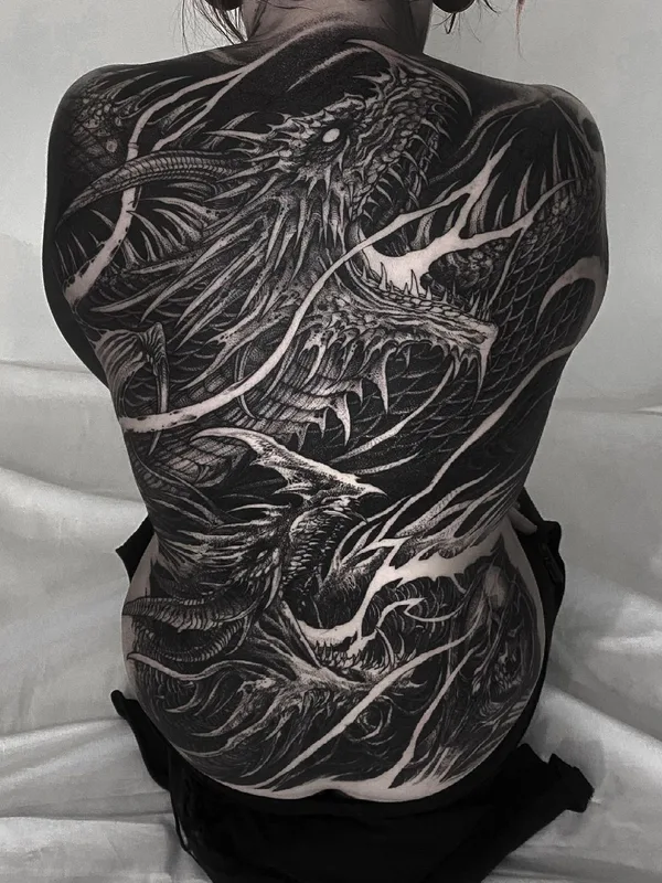 female black blackwork tattoo on full back #40285 | Tattoo Artist Yao