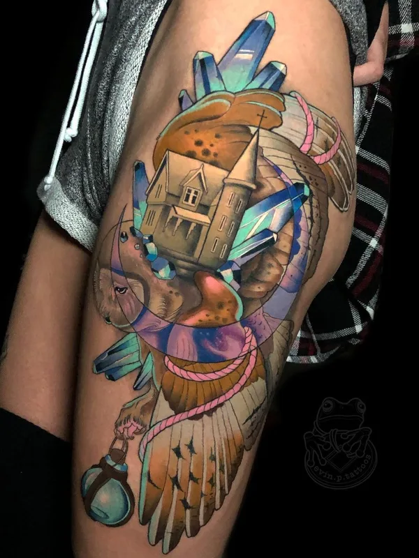 color illustrative tatuaje en thigh #40305 | Tatuador Evin Pfaff